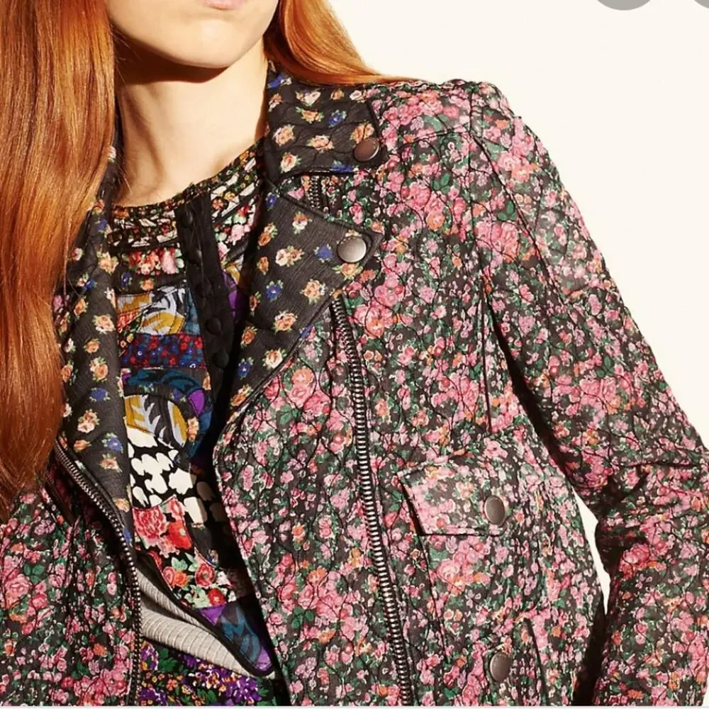 Coach Quilted Chiffon Floral Moto Jacket Pink Green XS New!